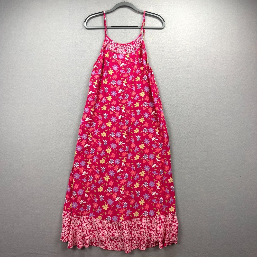 VTG Carol Anderson A-Line Dress Womens M Pink Floral Ruffle Hem Spaghetti Strap